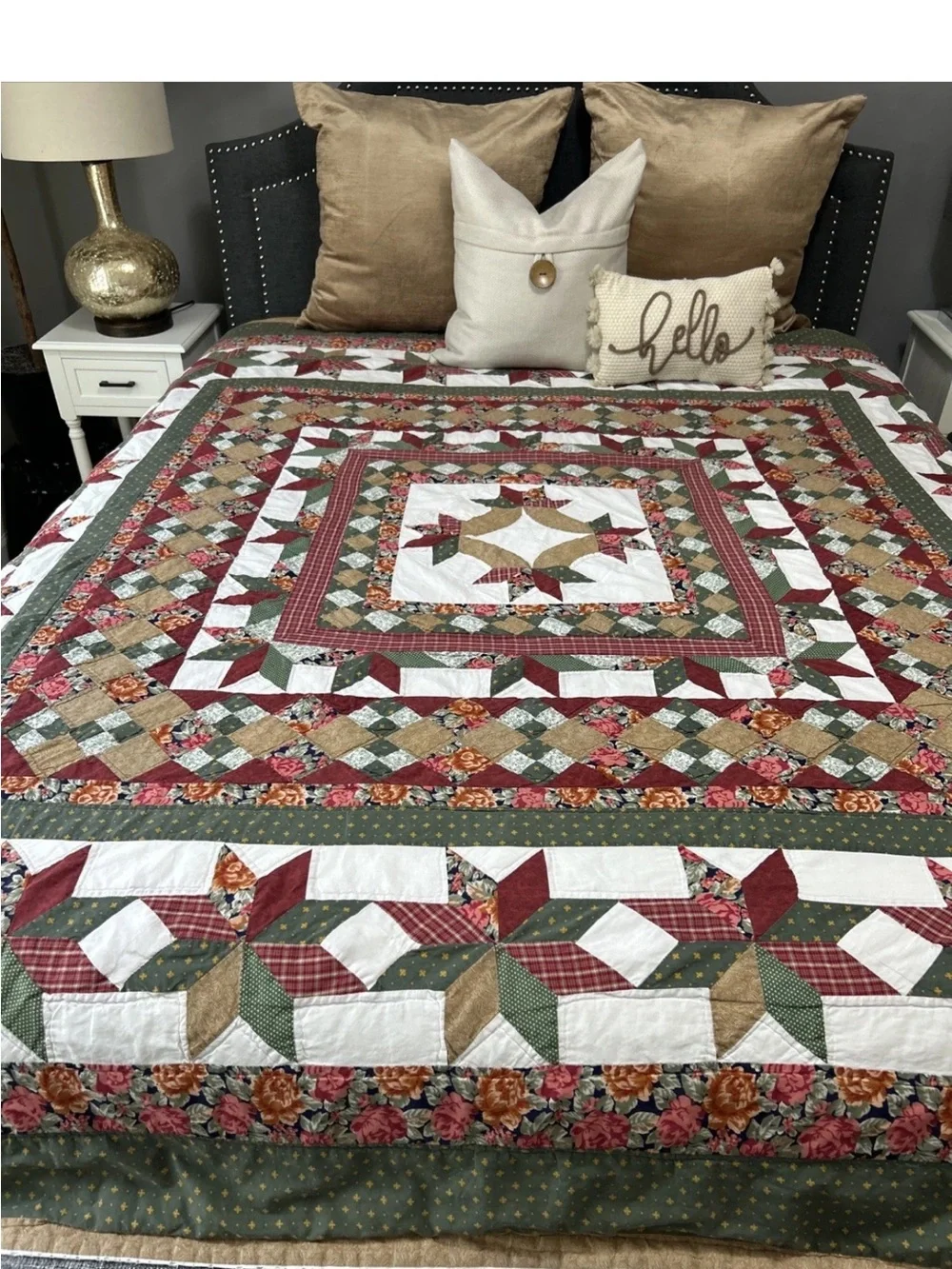 Vintage Handmade Patchwork Floral Quilt - Green, Red, Tan Approx. 81X81